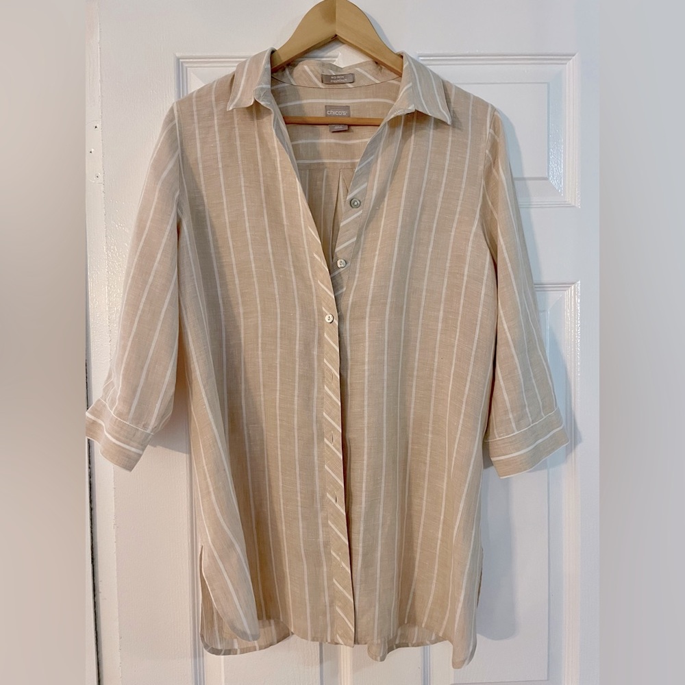 CHICOS Linen Beige and White Mid Sleeve Button Down Shirt sz 1